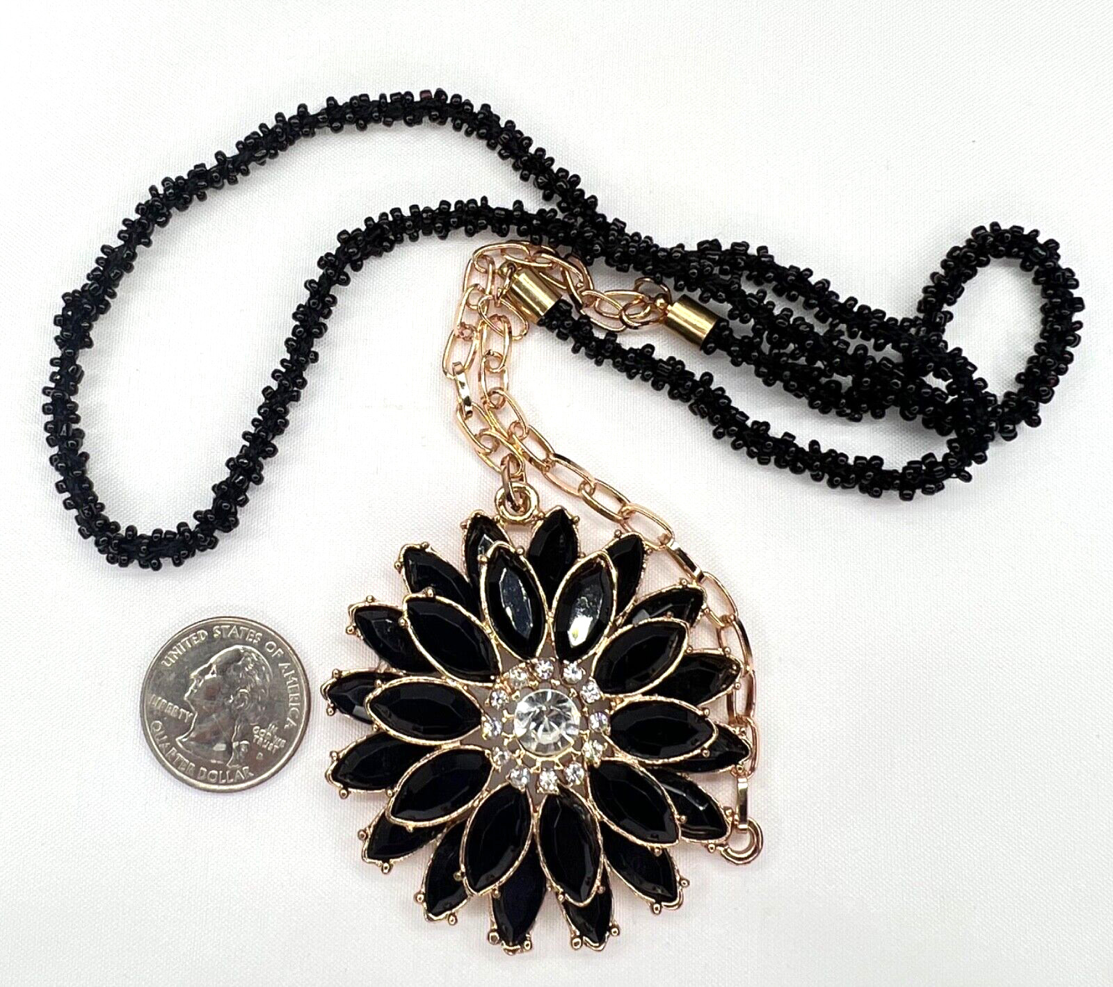 Statement Necklace Black Faceted Lucite and Clear Rhinestone Sunflower Gold-Tone