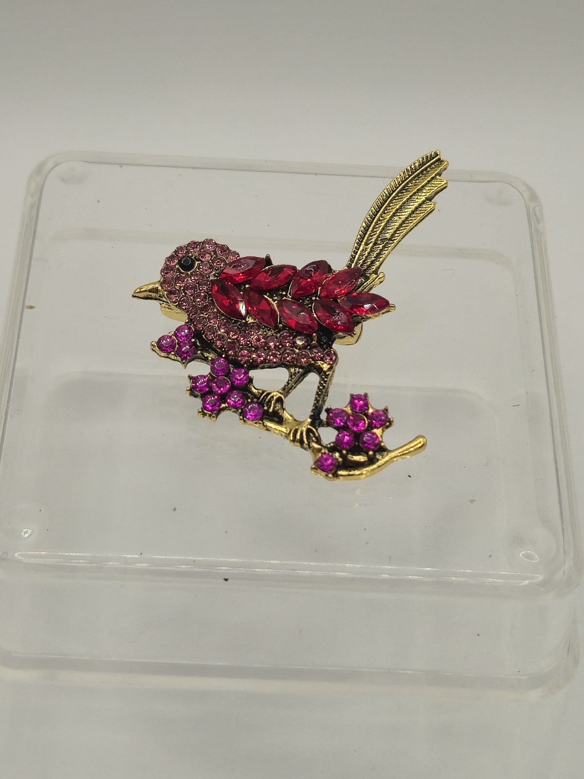 Red Rhinestone And Glass Bird Brooch Unbranded