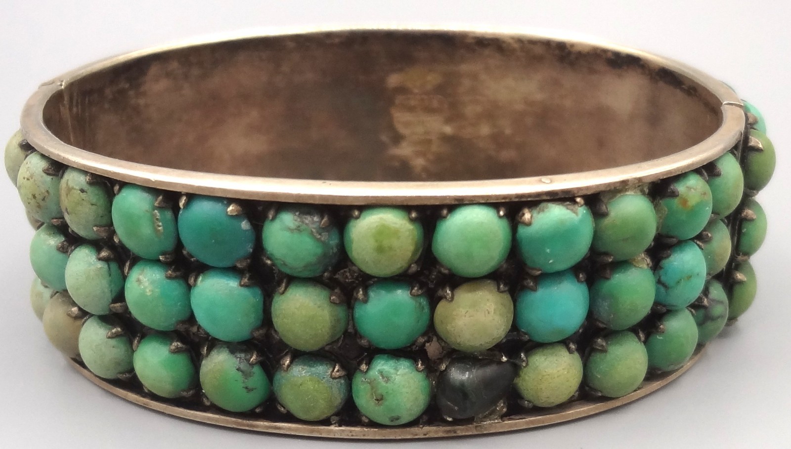 Antique BEE CHINA SILVER Chinese Export 3 Row Turquoise Cuff Bracelet READ