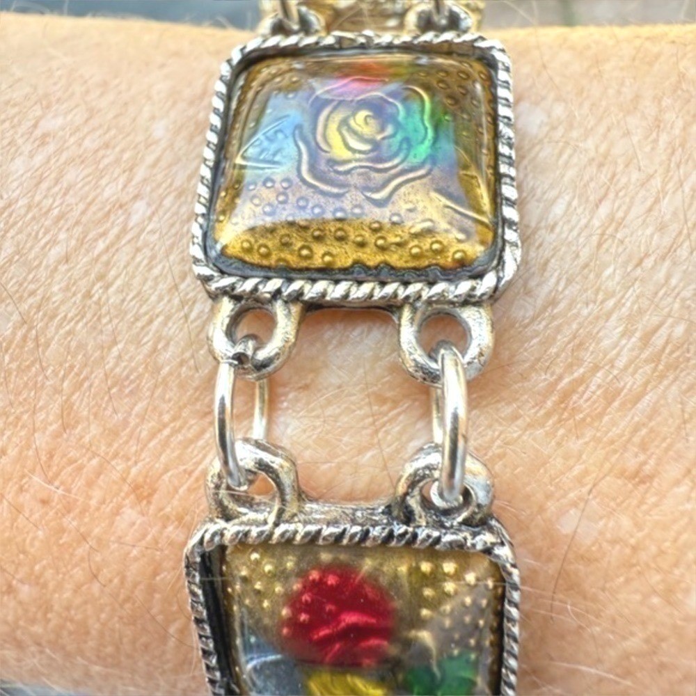Vintage Floral Panel Link Bracelet Enamel Rose Gold Tone Boho Jewelry