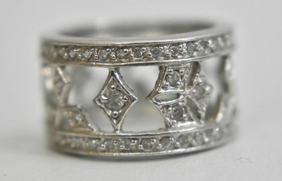 Crystal ring or wide band boho cocktail pinky sterling silver Size 5.50