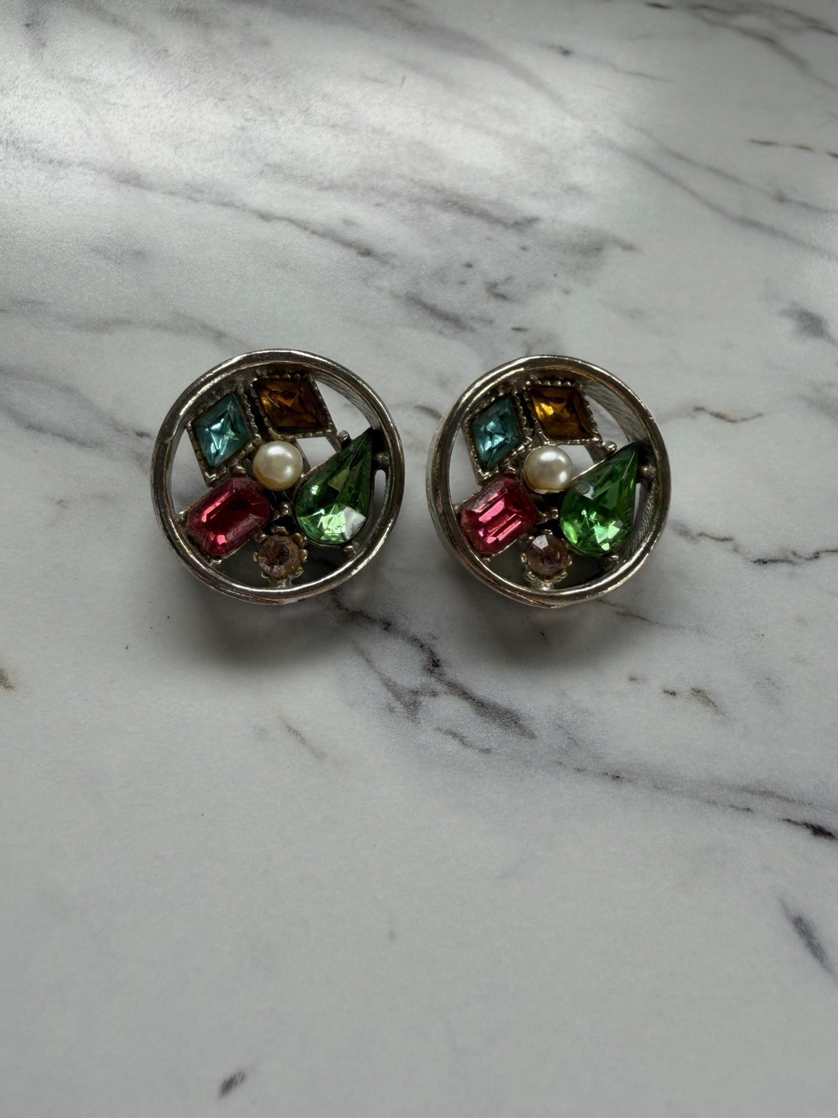 Vintage ART Signed Clip On Earrings Multicolor Rhinestone Faux Pearl Estate