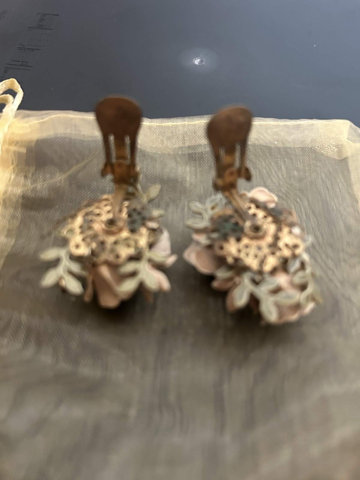 Vintage Kramer Flower Clip On Earrings Champagne With Faux Pearl And an Stones