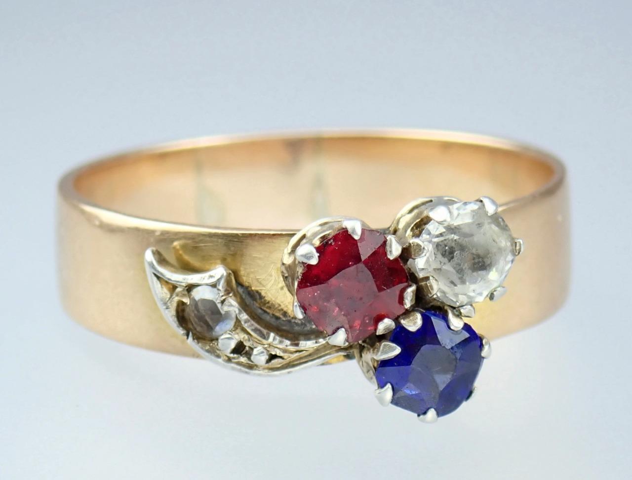 Charming Antique Victorian 14K Rose Gold Red White Blue Paste Floral Ring Size 8