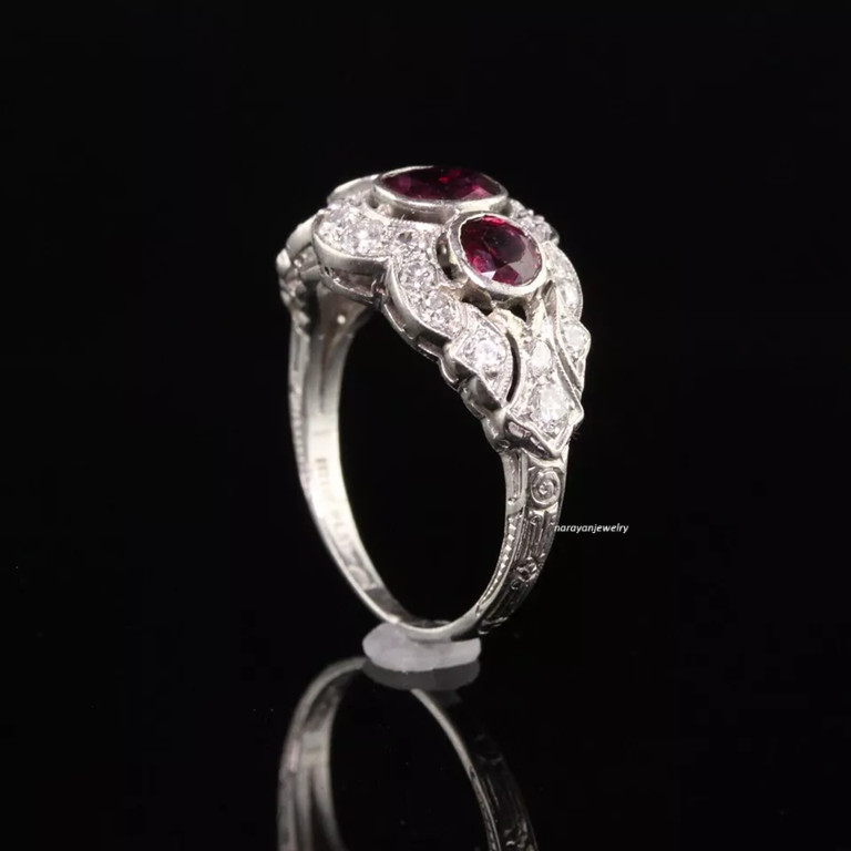 Edwardian 4Ct Oval Cut Red Ruby CZ Womens Engagement Ring 14K White Gold Plated
