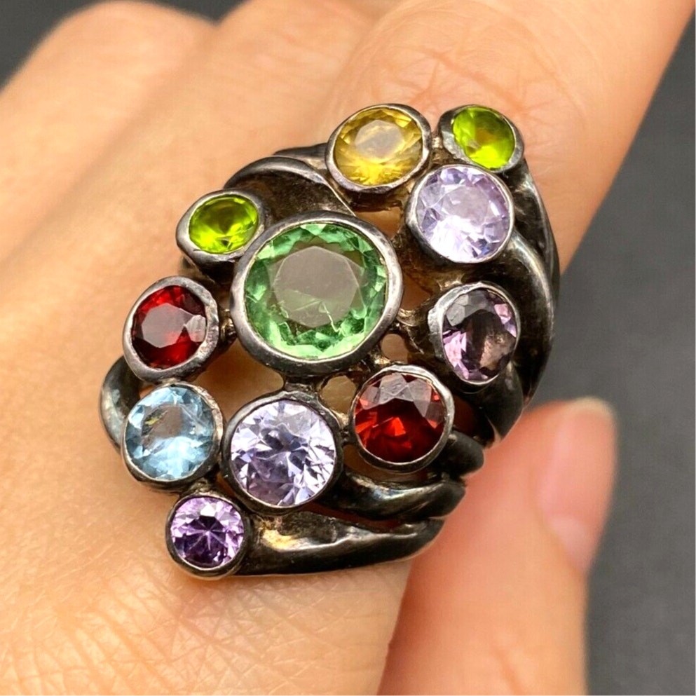 Vintage Multiple Gem Stones Sterling Silver Ring Size 8.5