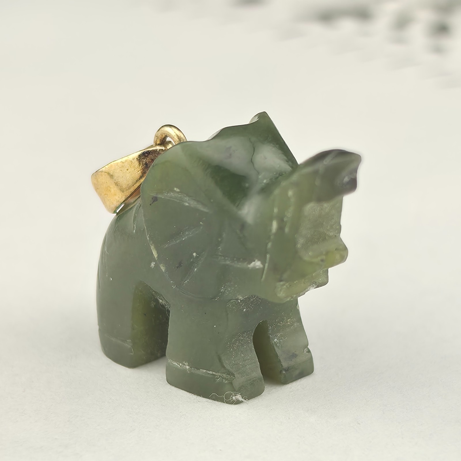 Vintage 28mm Dark Green Nephrite Jade Lucky Elephant Trunk Up Pendant Gold Fill