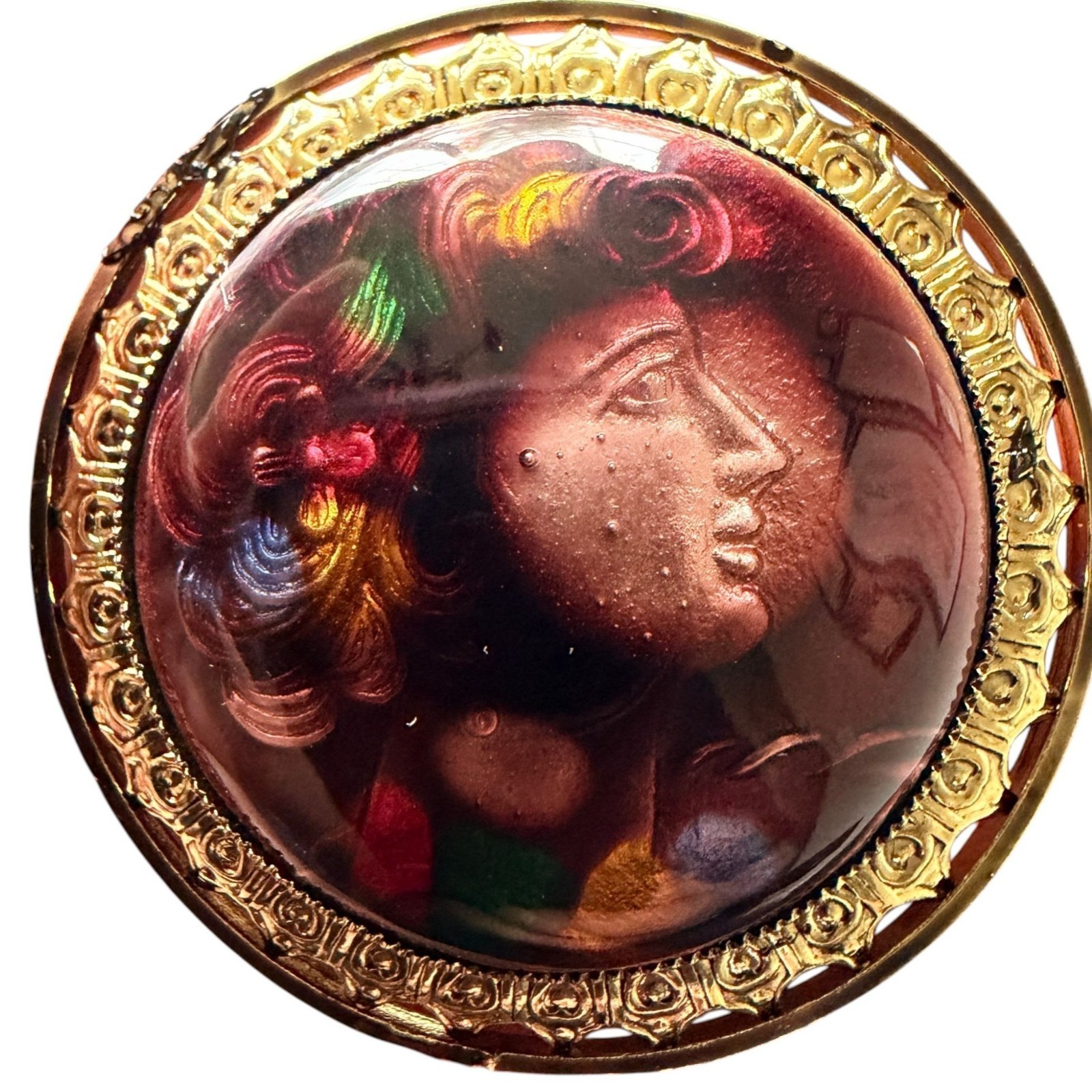 Vintage 1950s Reverse Carved Lucite Renaissance Lady Brooch New Old Stock