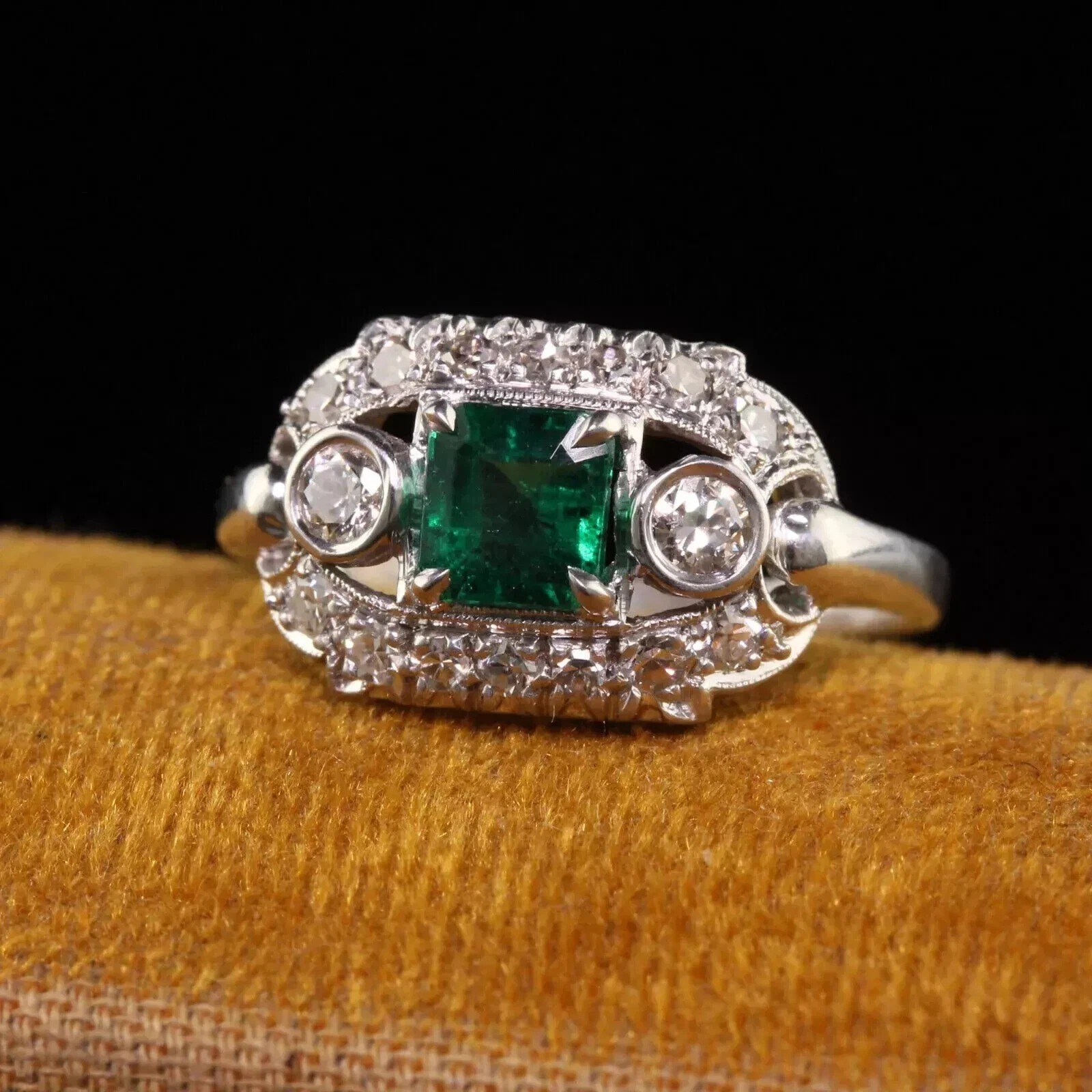 3.10Ct Art Deco Style Lab Created Emerald Anniversary 14K White Gold Finish Ring