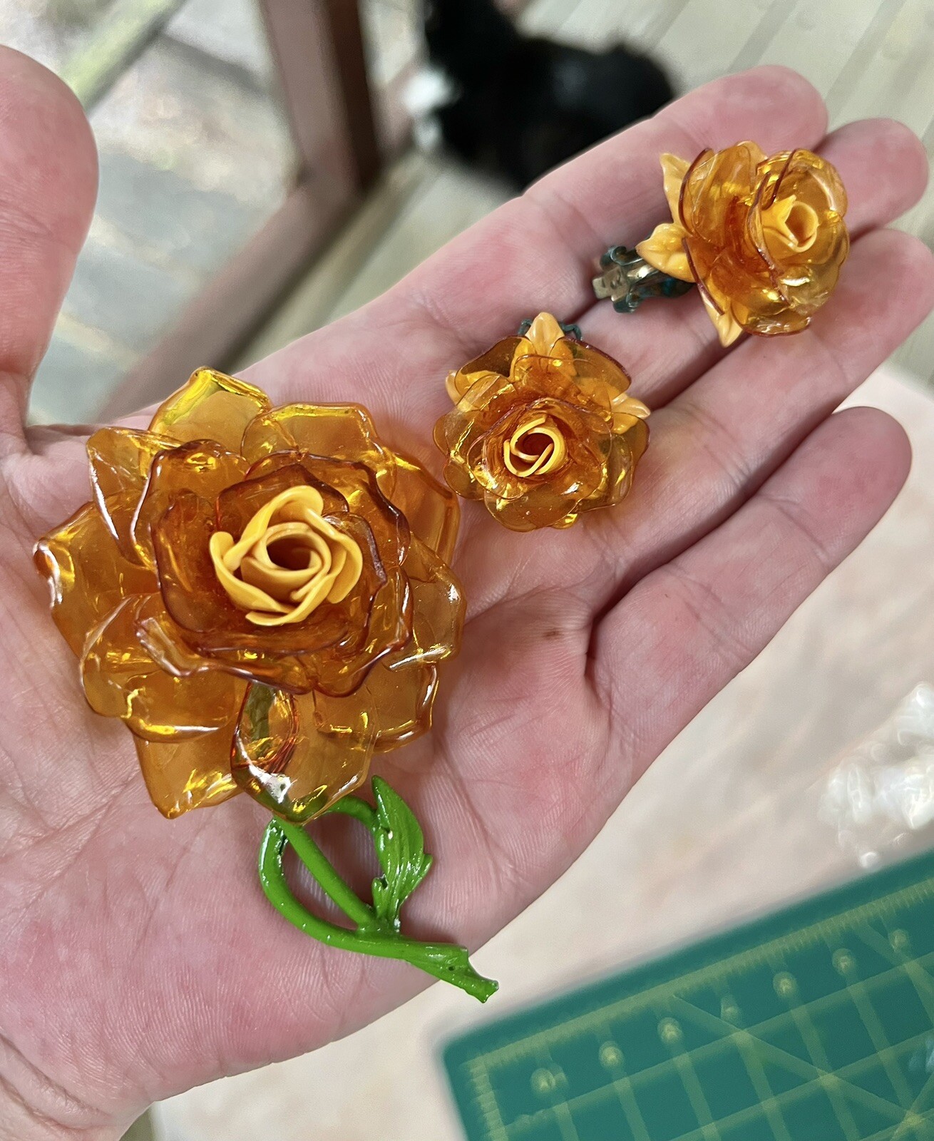 Vintage Flower Brooch Earring Lot Lucite Cellulose Acetate Plastic Yellow Roses