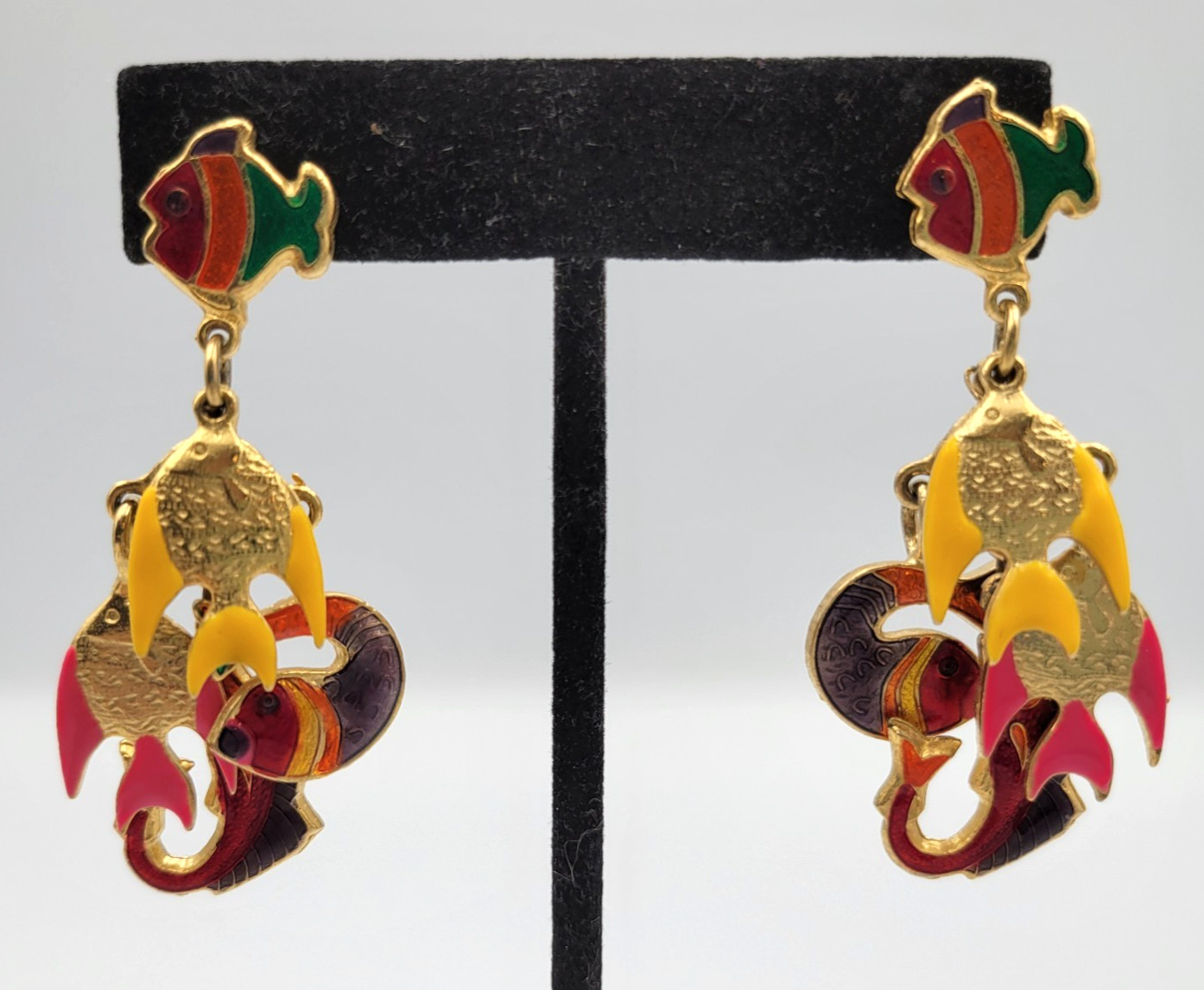 Vintage Don-Lin Enamel Tropical Fish Dangle Drop Earrings Pierced Gold Tone