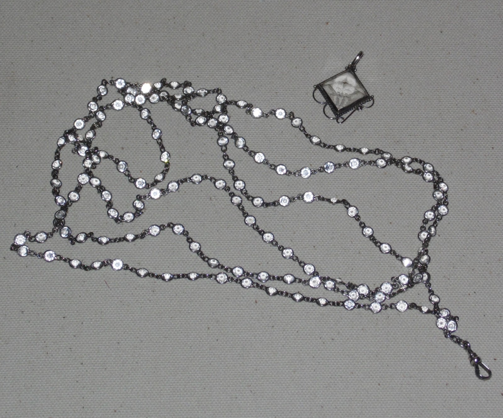 Antique Vintage Sterling Silver open-back faceted Crystal Chain Necklace Fob 63″