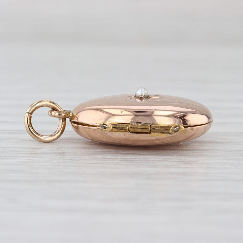 Vintage 9k Rose Gold Seed Pearl Locket Pendant Charm Fob Opens