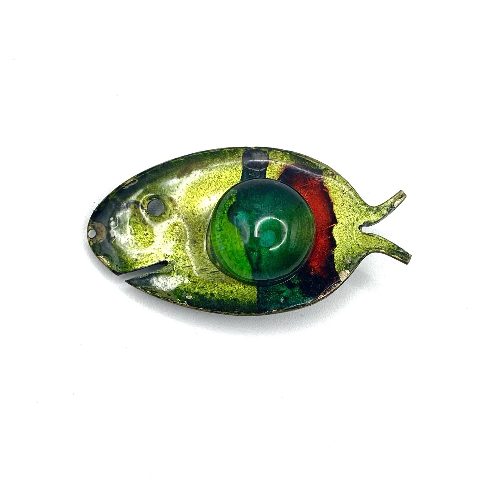 Vintage Modernist Fish Pendant Metal Enamel Art Glass Reversible Charm