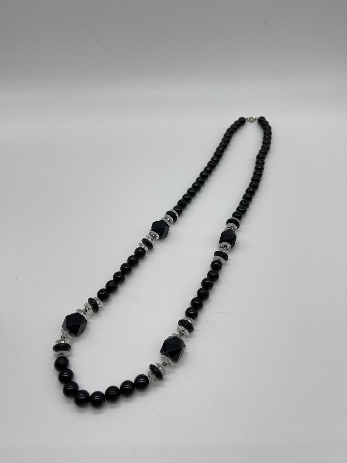 Vintage Black Fashion Necklace Beaded Faceted Classic 15 In Round And Square