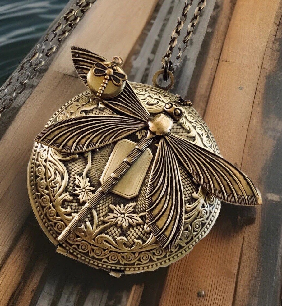 Dragonfly Locket Necklace, Vintage Antiqued Brass, Art Nouveau Victorian Design