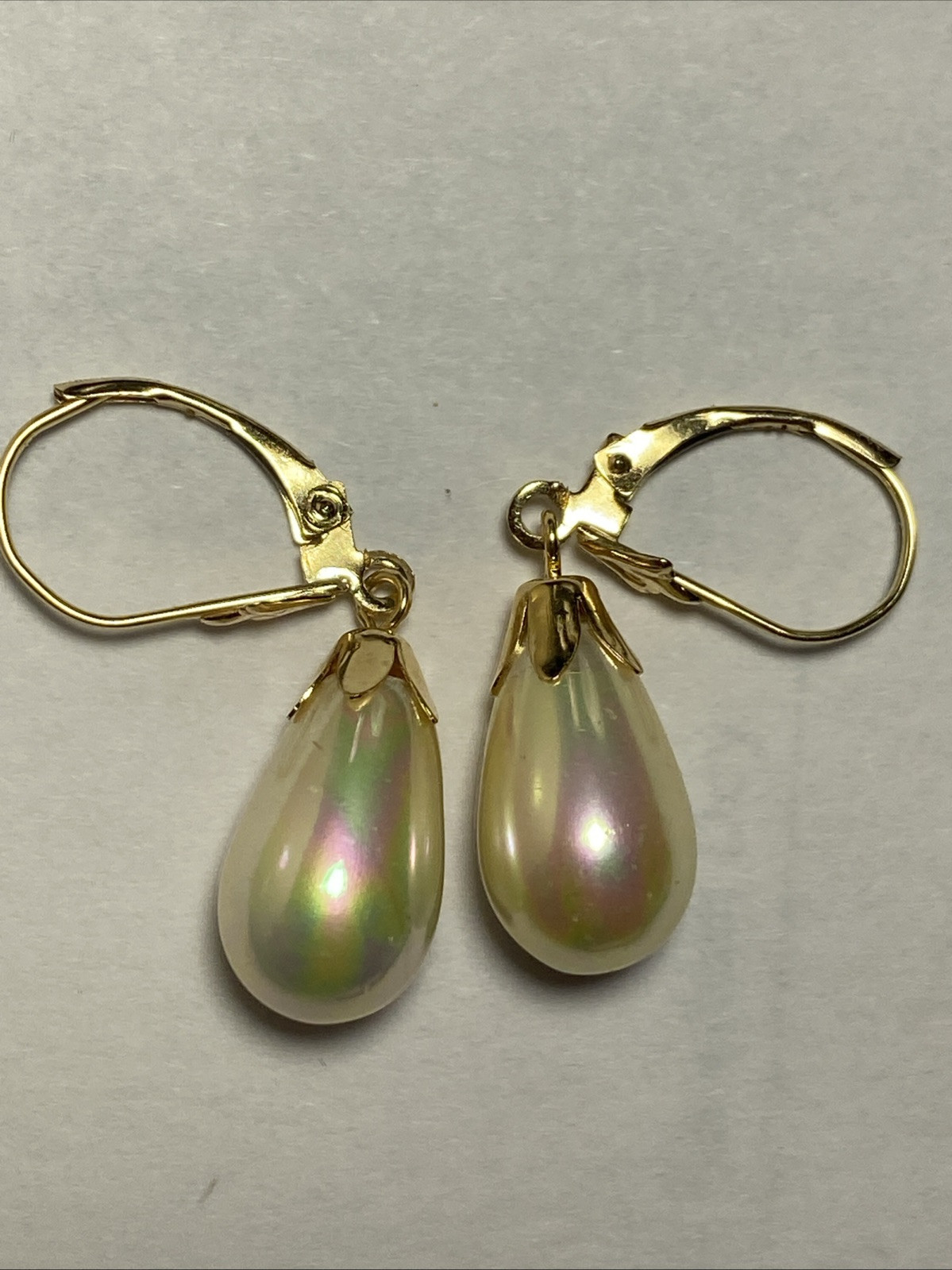 Earrings Pierced 14K Lever Back Majorca Broilette Fax Pearls Iridescent Unused