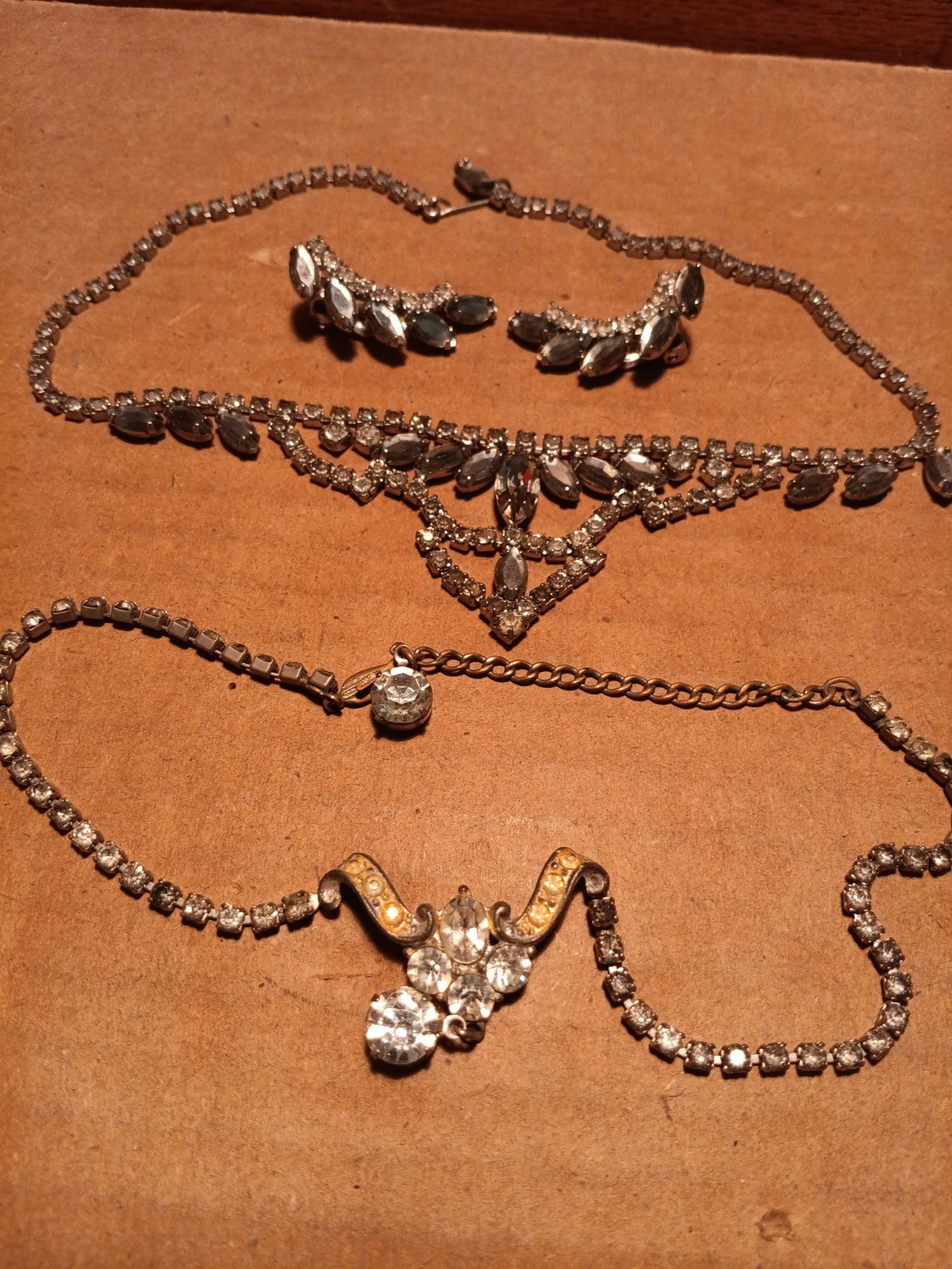 Two Art Deco? Style Costume Jewelry Necklaces 1 With Clip On Ear Rings.