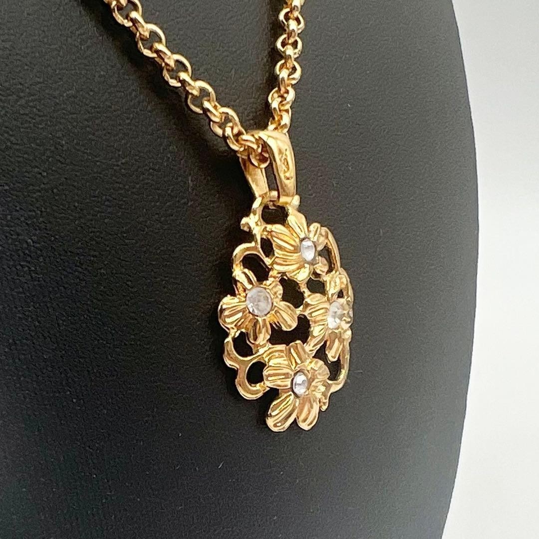 YSL Yves Saint Laurent Vintage Floral Necklace Gold Tone Rhinestone Rare Jewelry