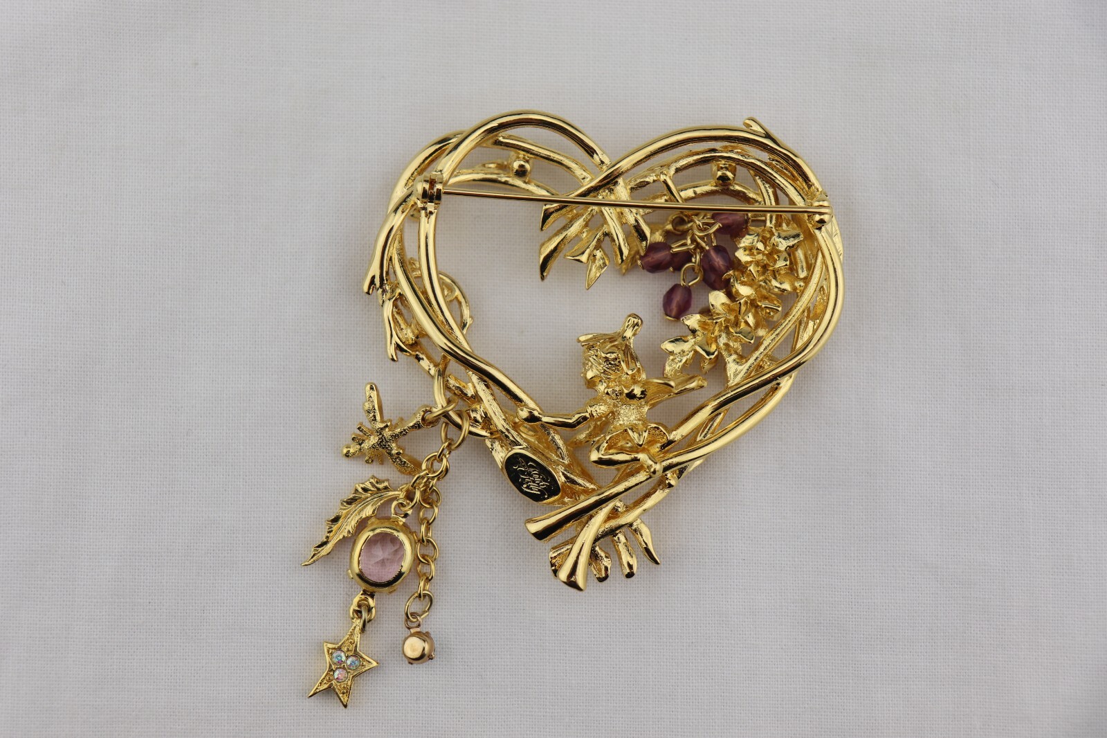 Vintage Kirks Folly Gold Tone Wisteria Heart Wood Fairy Rhinestone Pin Brooch