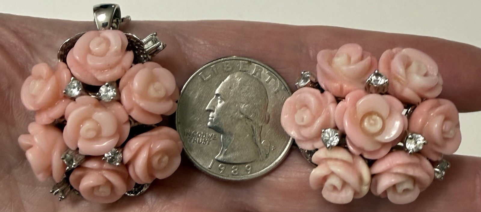 1990s Sterling Silver Angel Skin Coral Roses White Topaz Necklace Ring Sz 9 Set