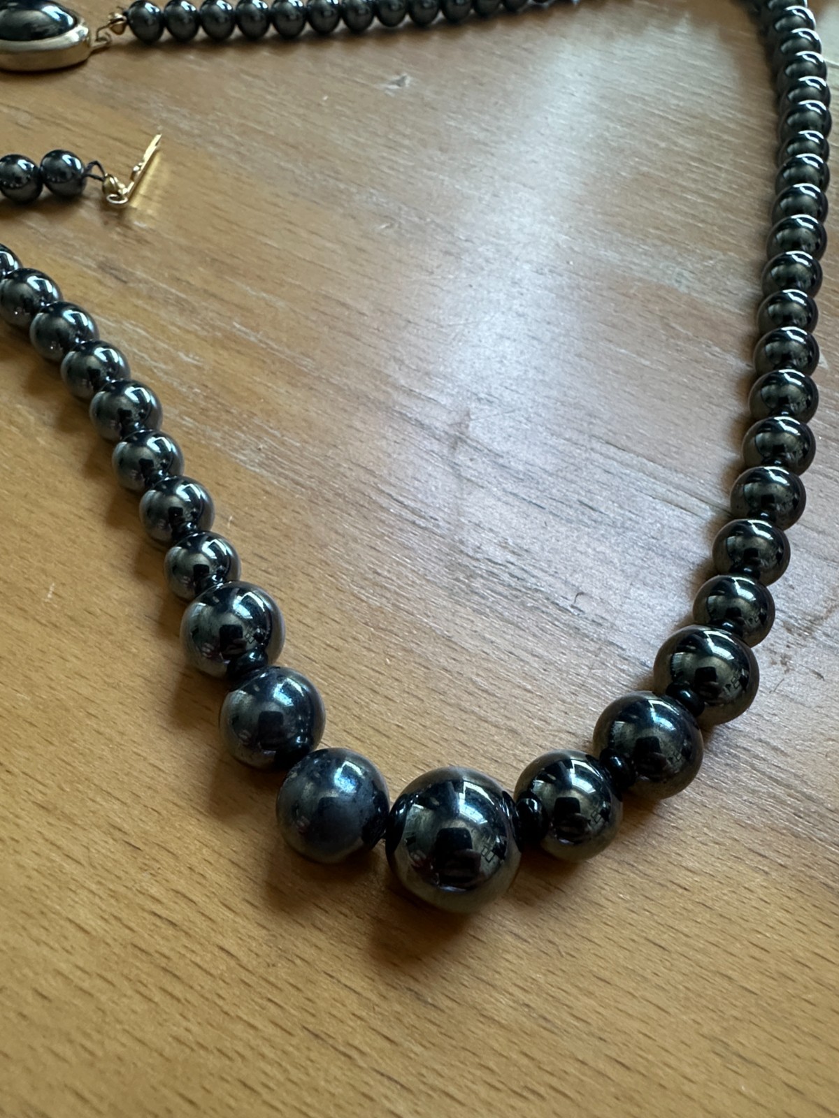 Vintage Hematite Bead Graduated Necklace Fishhook Closure, 1960s