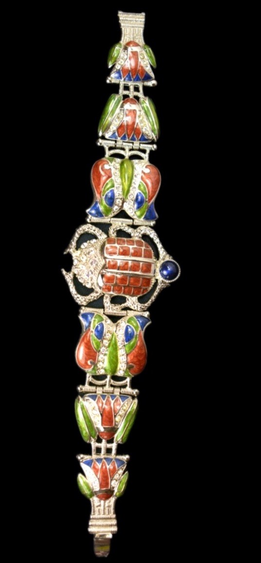 Vintage Signed EDGAR BEREBI Cleopatra Scarab Enamel & Crystal Link Bracelet 7.5”