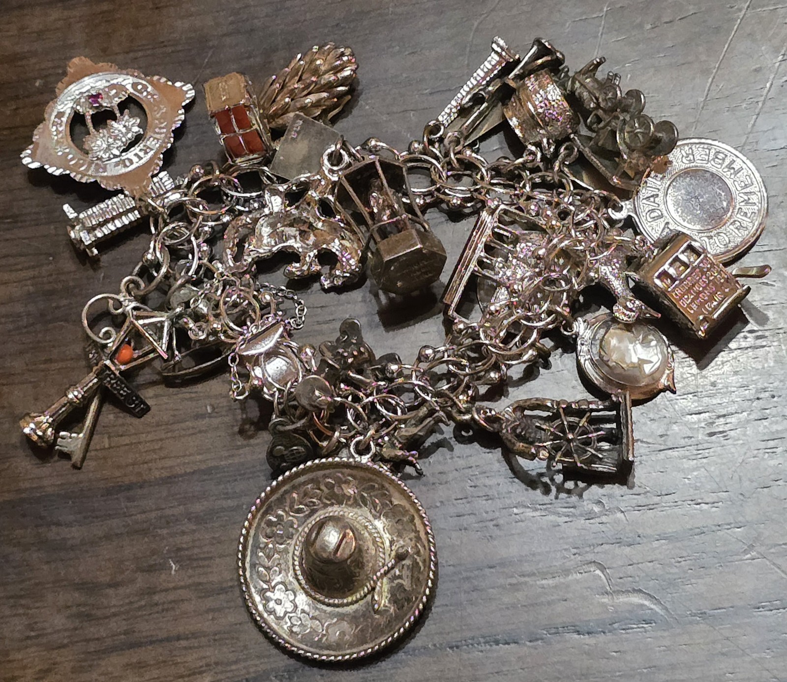 7″ 86.2 G Sterling Silver Charm Bracelet Vintage, Travel Charms Disney 925 P.R.