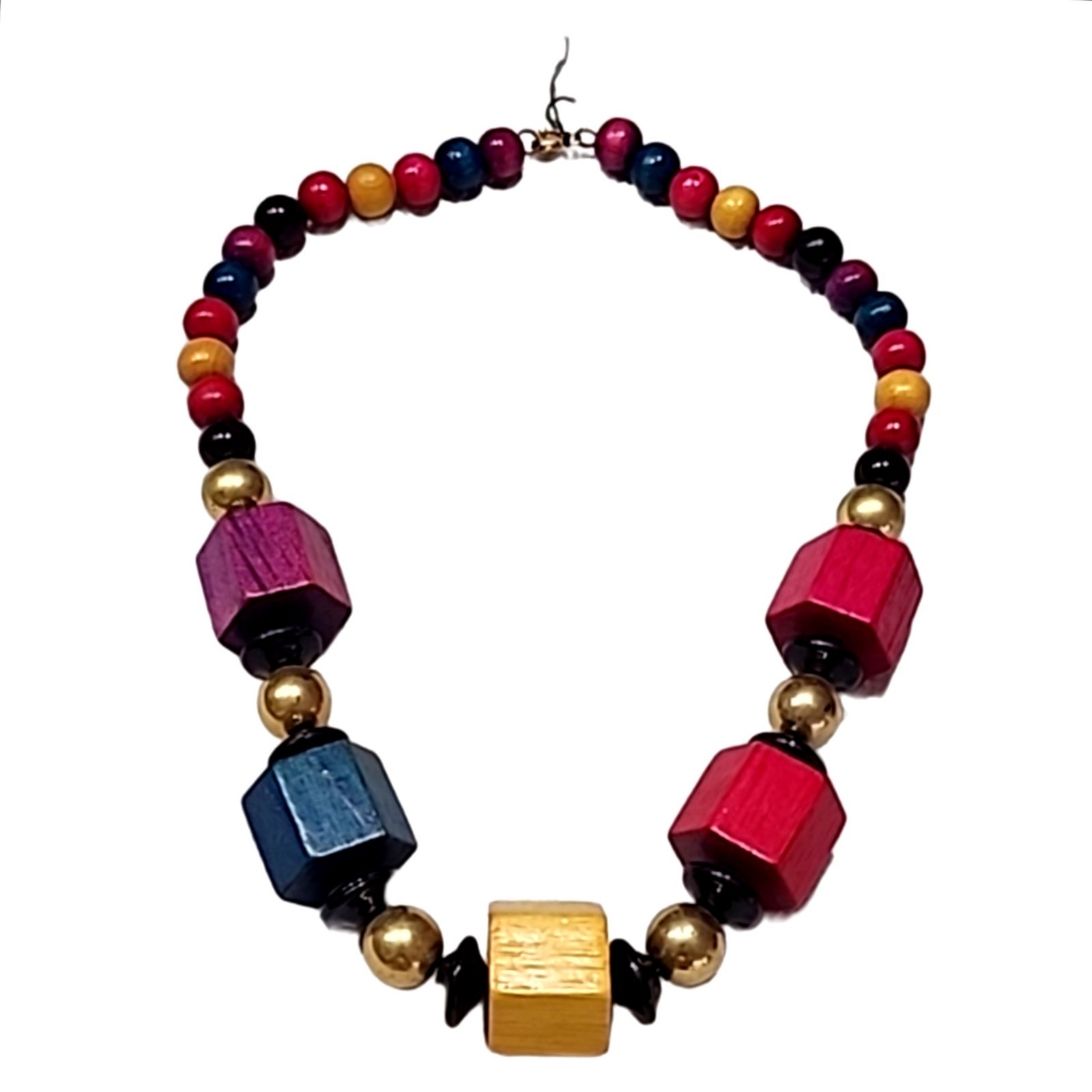 Vintage Natural Wood Bead Necklace Multicolor Chunky Statement Boho Artisan 14In