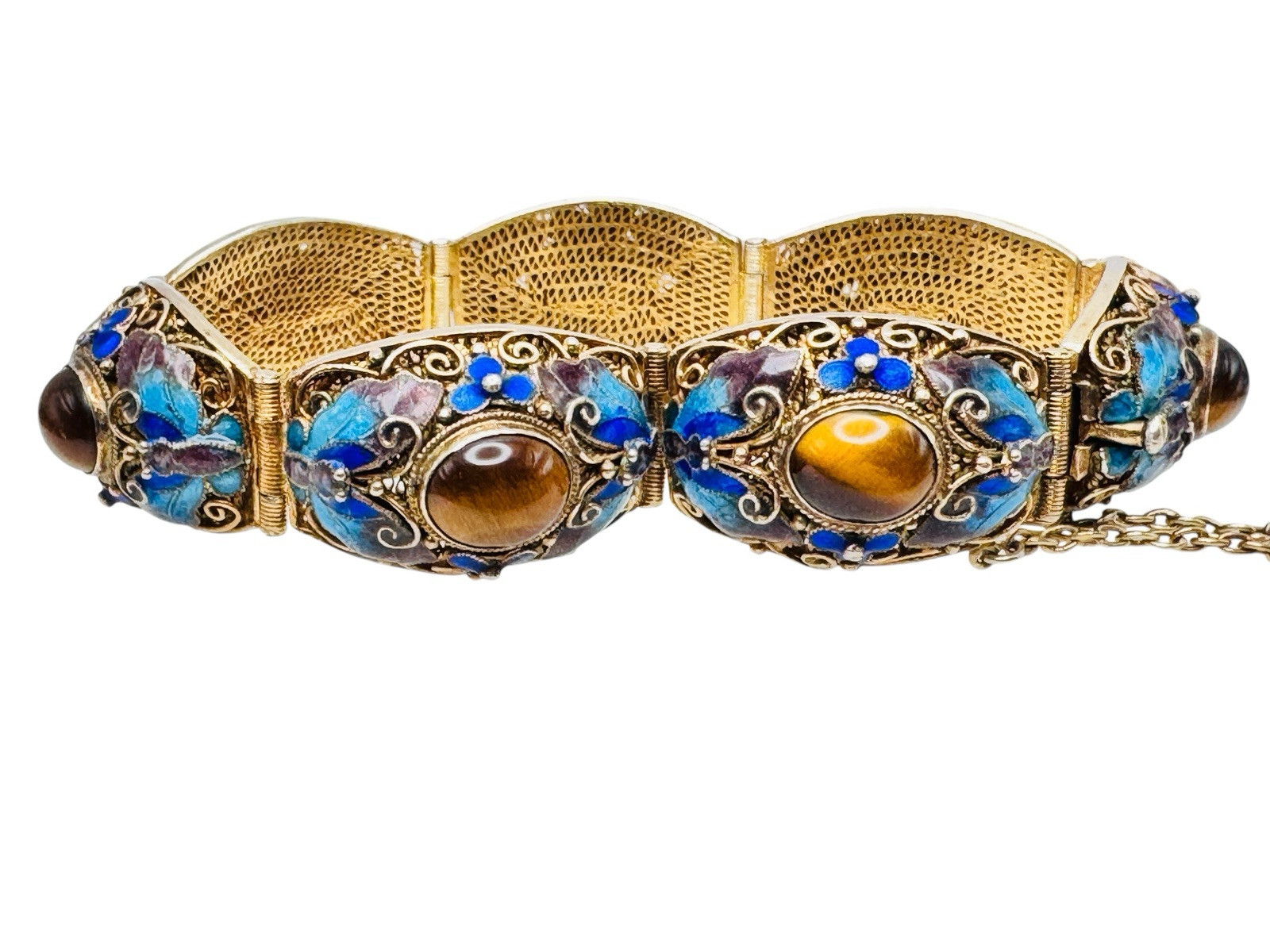 Vintage Chinese Export Gilt Silver Enamel Mesh Filigree Bracelet Tigers Eye Nice