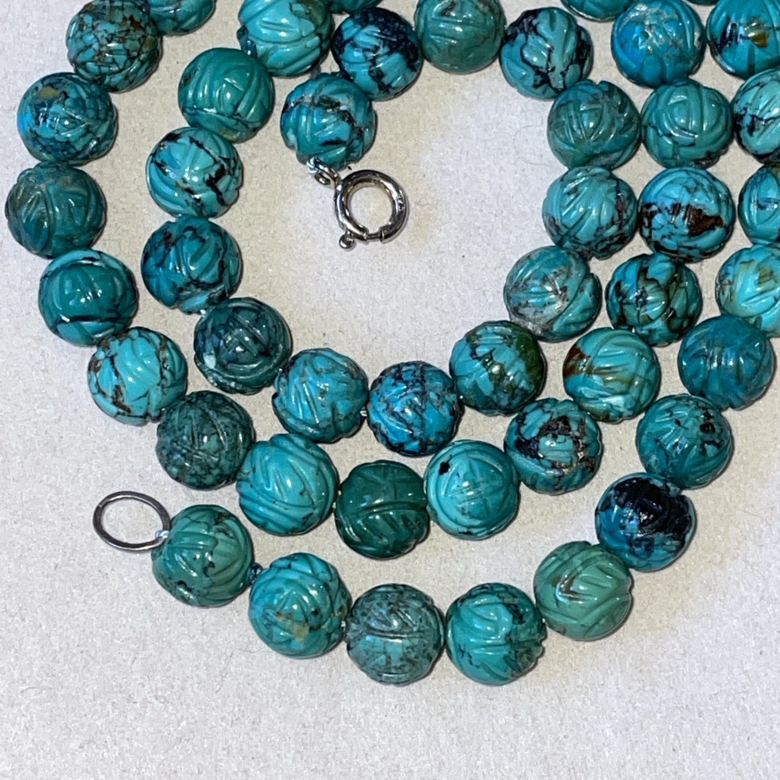 Vintage Chinese Turquoise Carved Shou Bead Necklace Sterling Silver 21” Long