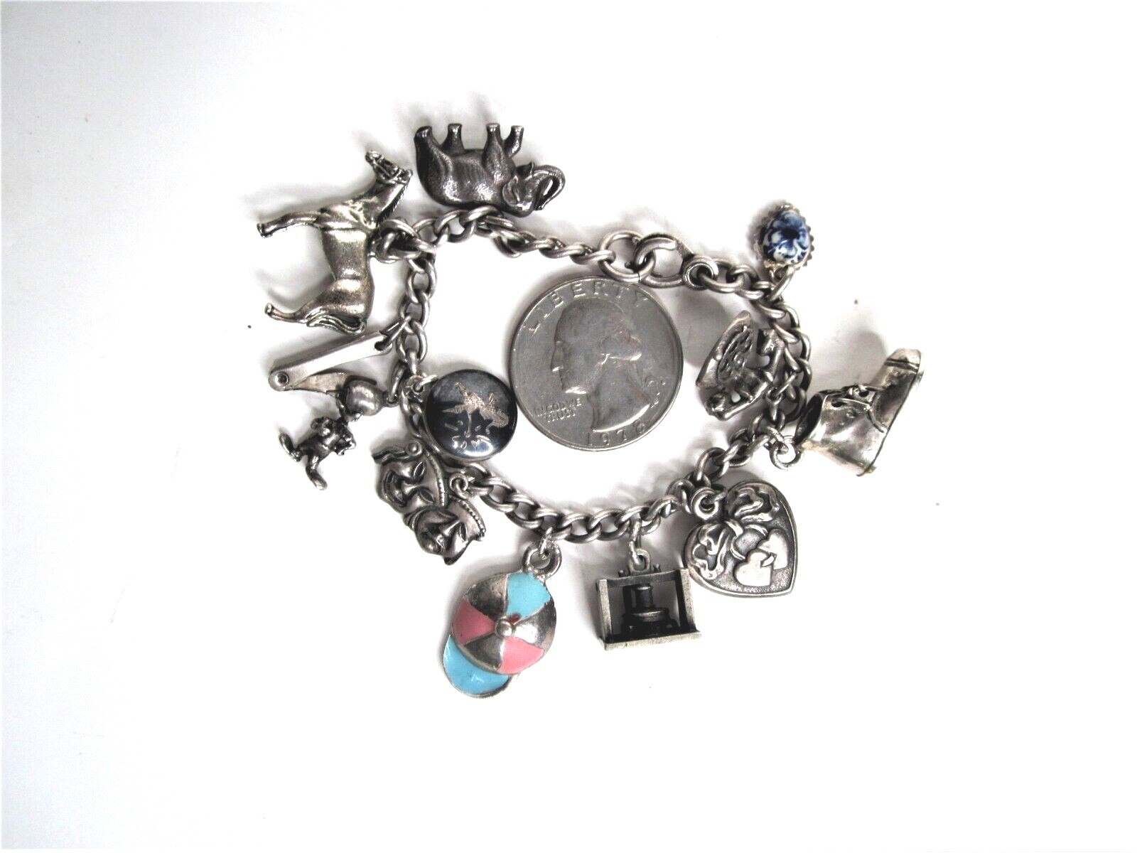 Sterling Silver Charm Bracelet Antique- Lil’ Eightball + 11 Other S/S Charms