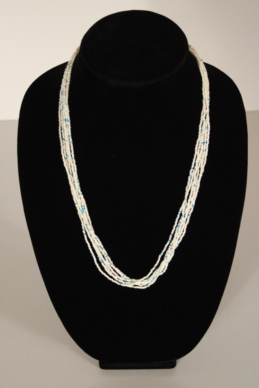 Beaded Necklace Light Sky Blue Pearl White 24″ 6 Strand Tiny Seed Bead Handmade