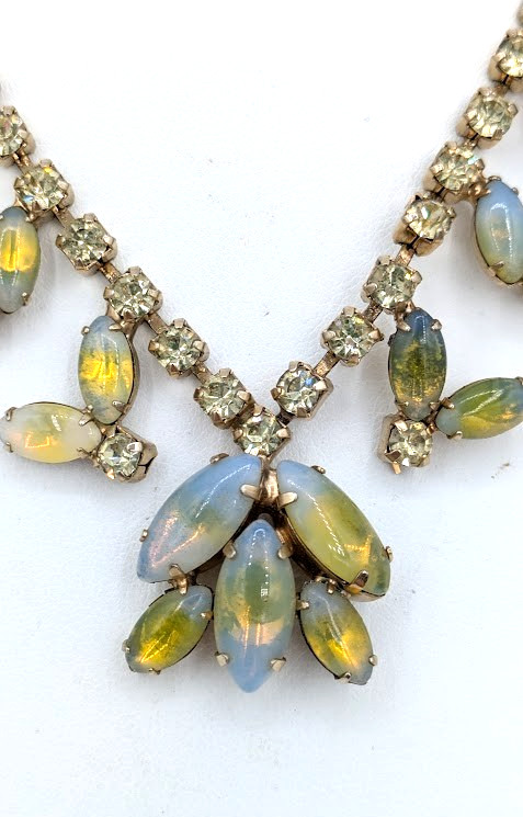 Vintage Givre Glass Necklace Rhinestone Blue Green Opalescent Prong Set