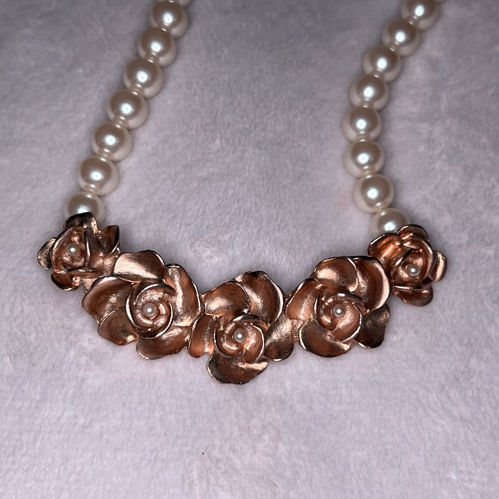 Vintage Richelieu Gold Tone Rose Faux Pearl Necklace