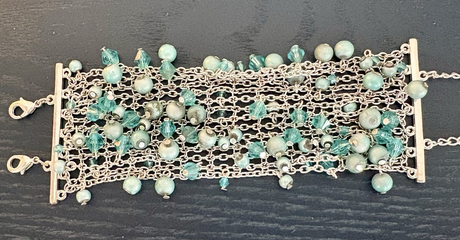 Vintage Silver Tone Mesh Bracelet Interwoven Turquoise and Teal Glass Beads
