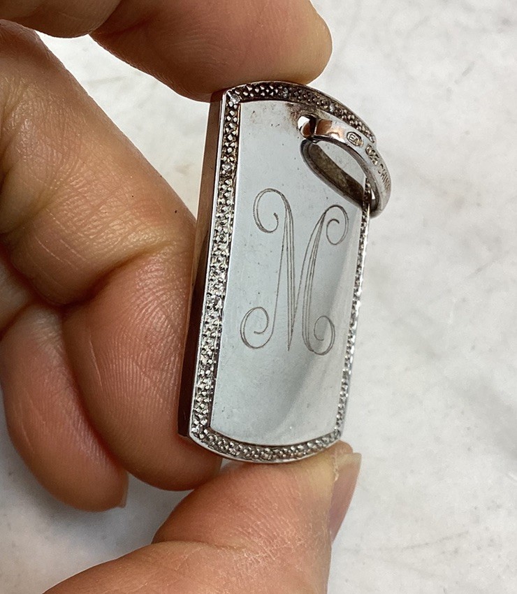 Vintage 925 Sterling Silver CZ Initial M Dog Tag Pendant