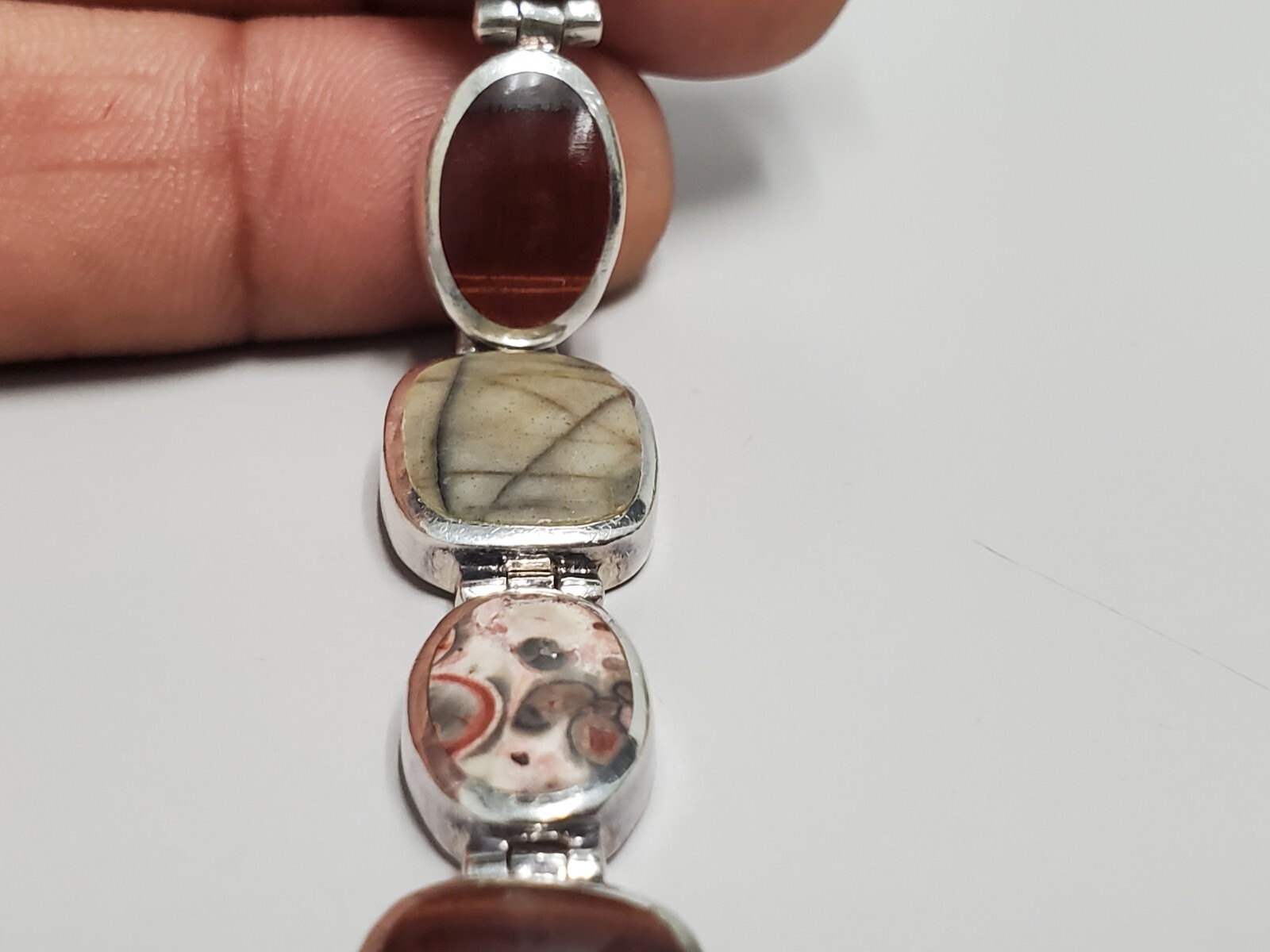 Vintage Red tiger’s eye & Ocean Jasper 925 Silver Bracelet Women 7″ 30g