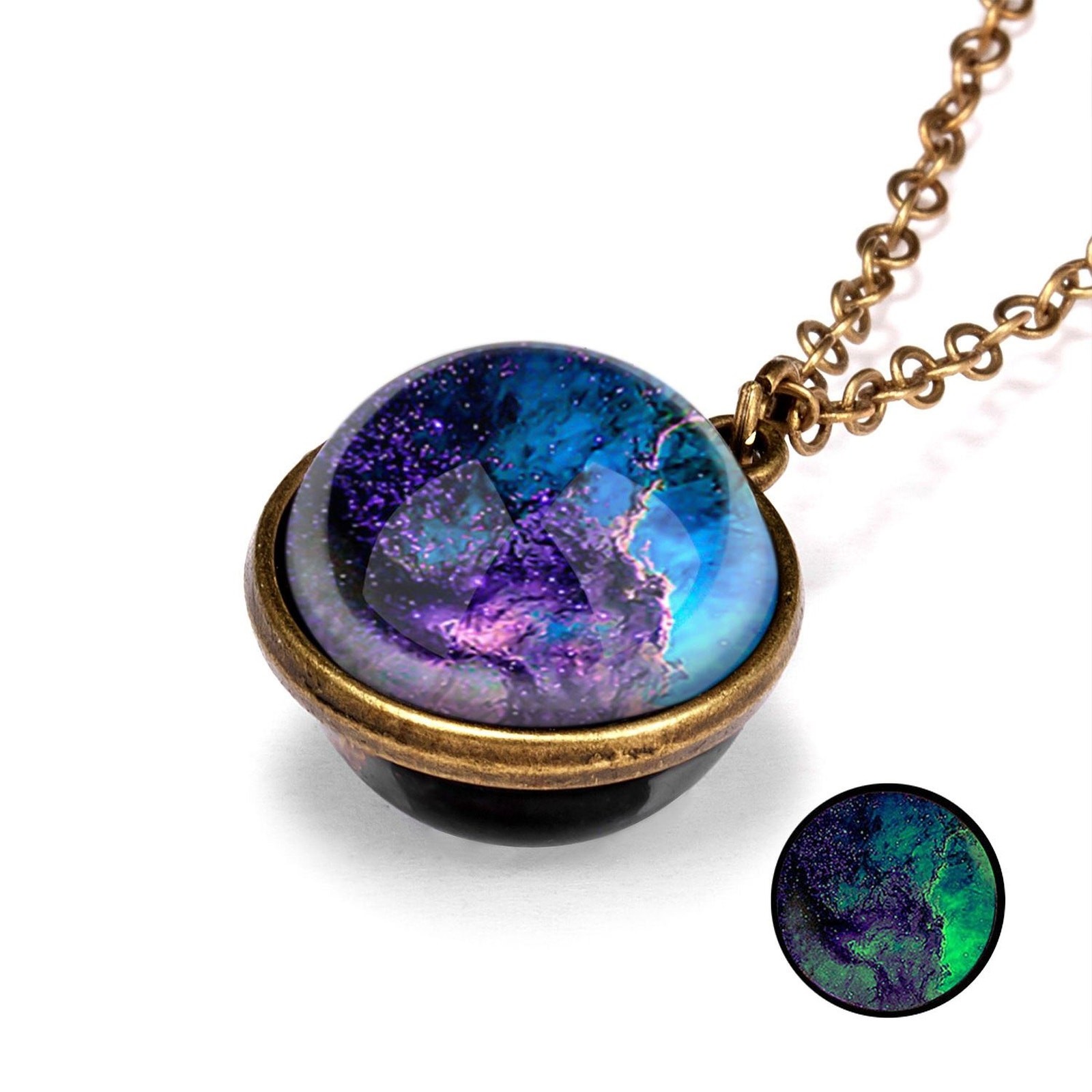 Double-Sided Galaxy Necklace – Glass Dome Pendant with Vintage Chain