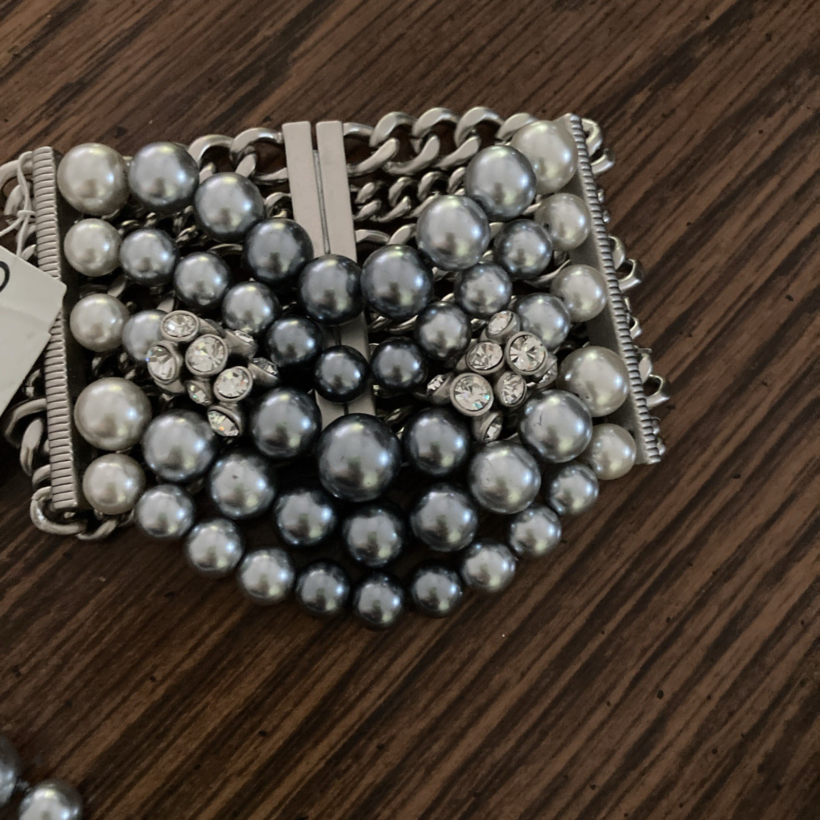 NWT VINTAGE Givenchy Gray Pearl Chain Crystal Necklace Wide Magnetic Bracelet