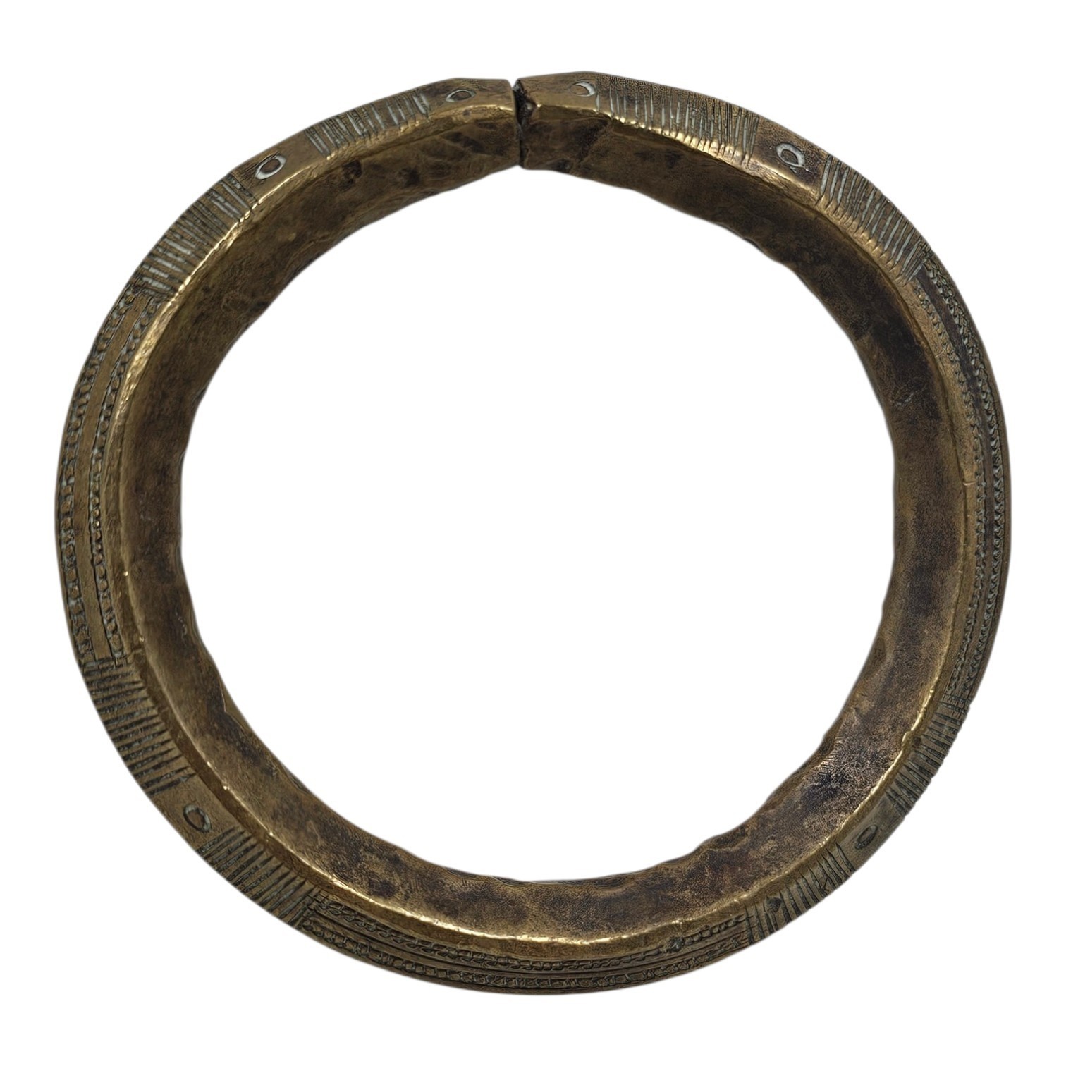 Vintage West African Heavy Brass Manilla Currency Bracelet Engraved Bangle 4″
