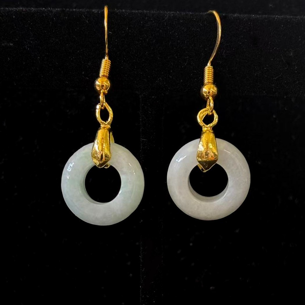 Natural White Jade Jadeite Rings Earrings Drop Dangle Gold-tone, 15x15x4mm
