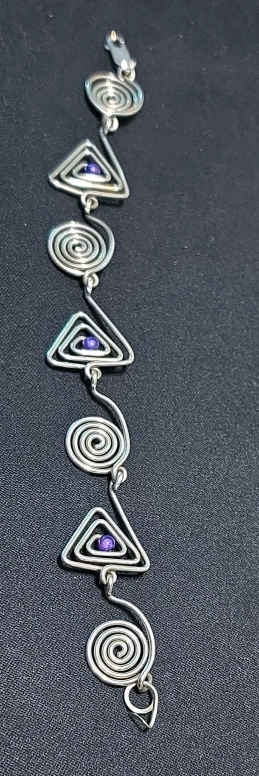 Vtg. 925 Sterling Silver Artisan Hand Wire Wrapped Spiral Amethyst Bracelet 7″