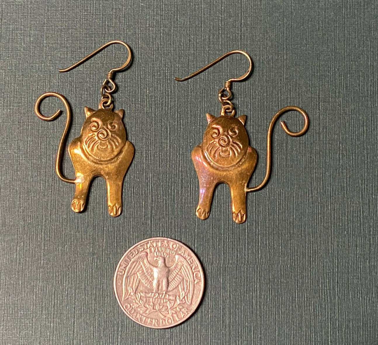 Vintage Brass Cat Dangle Earrings with Cute wire tails – FREE SHIP- USA SELLER