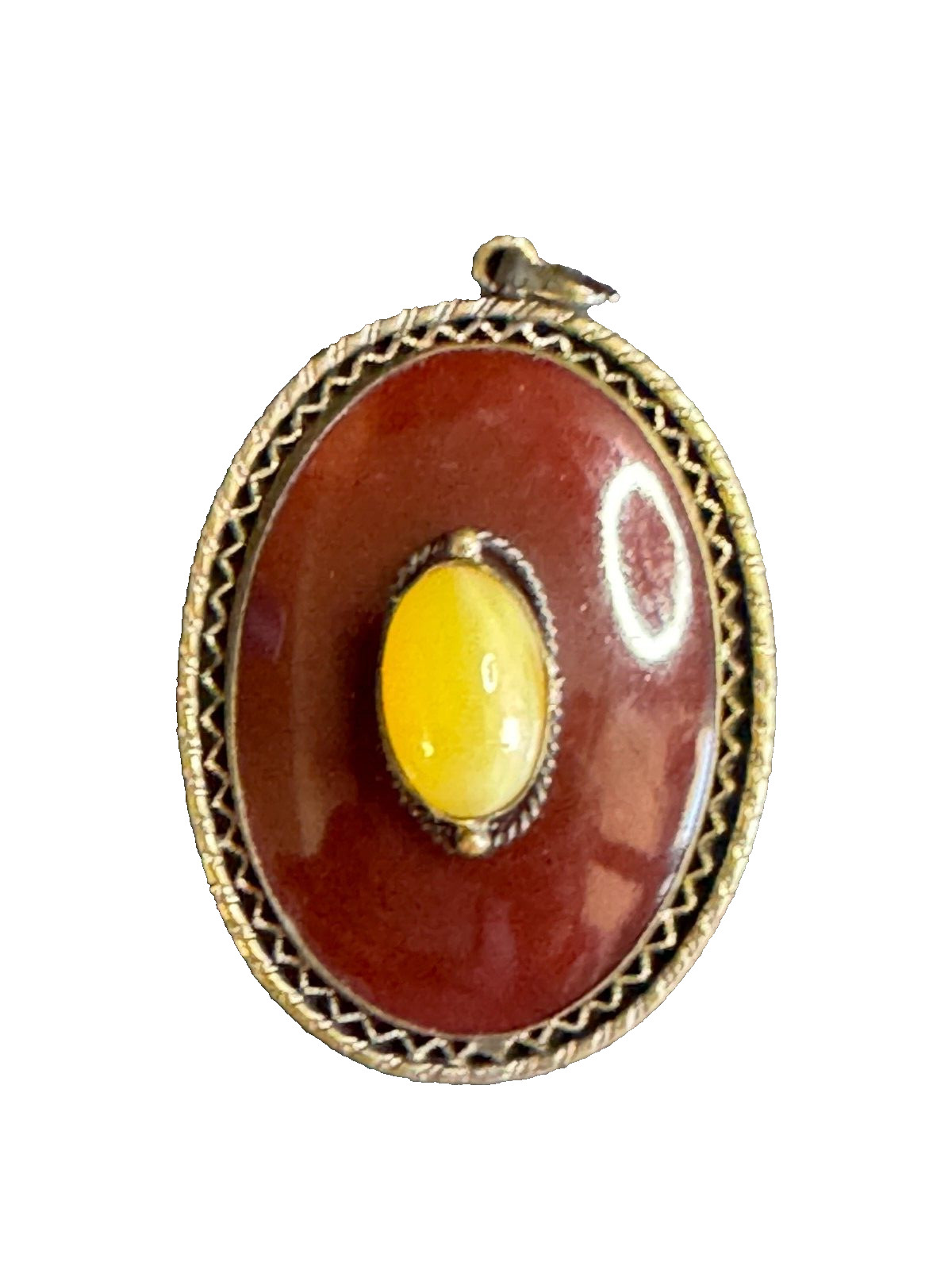 Vintage Czech Glass Red with Yellow Center set in Goldplate Filigree Pendnat