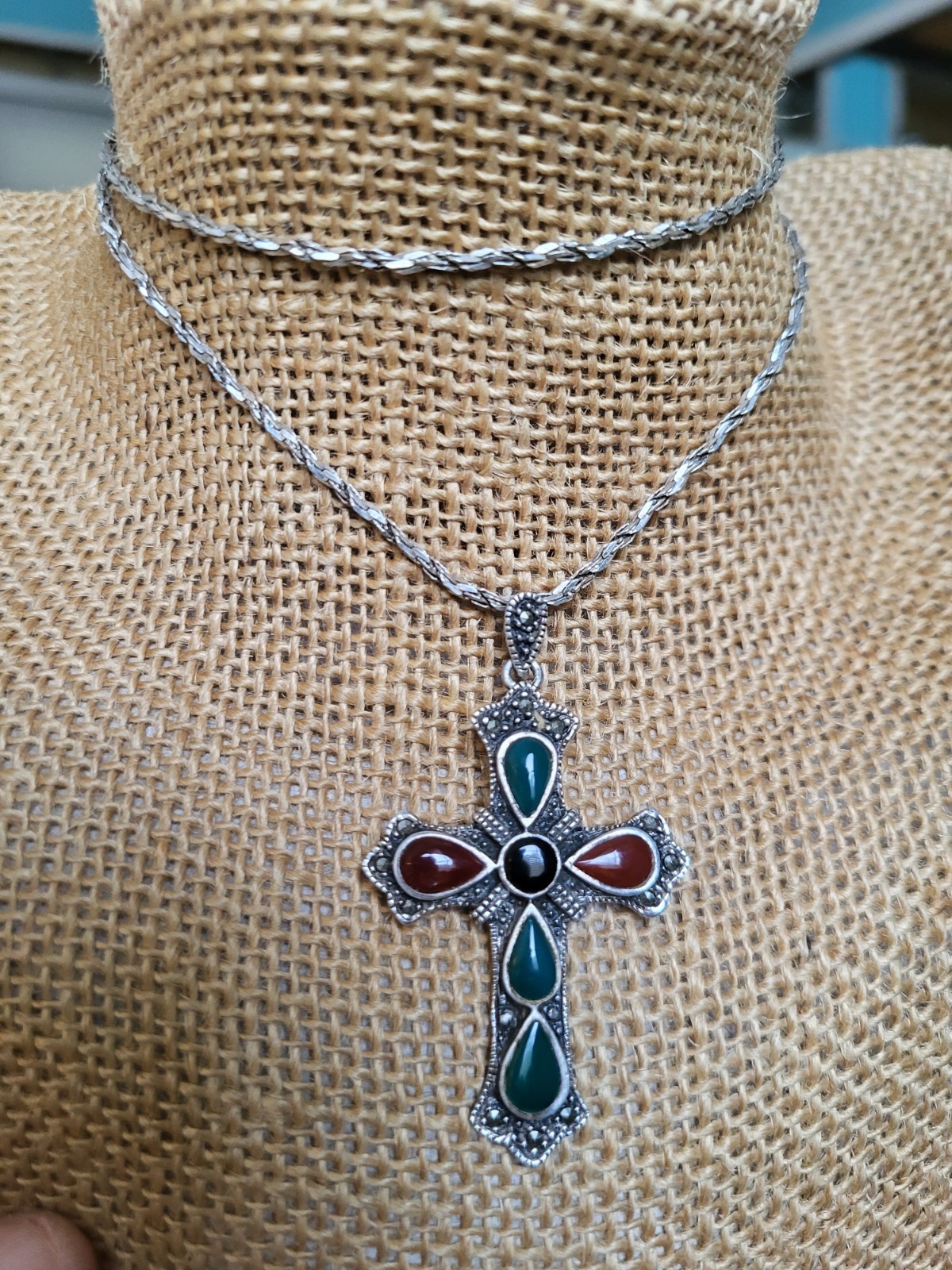 sterling silver gemstone large cross with very nice heavy sterling chain