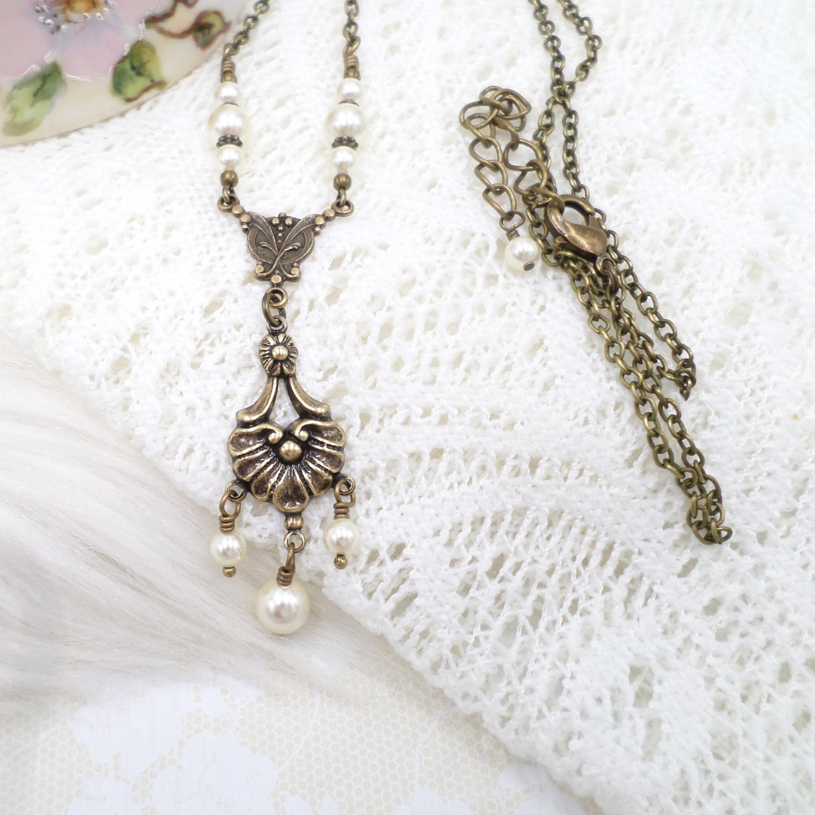 Victorian Pearl Necklace: Antique Brass Romantic Floral Handmade Vintage Jewelry
