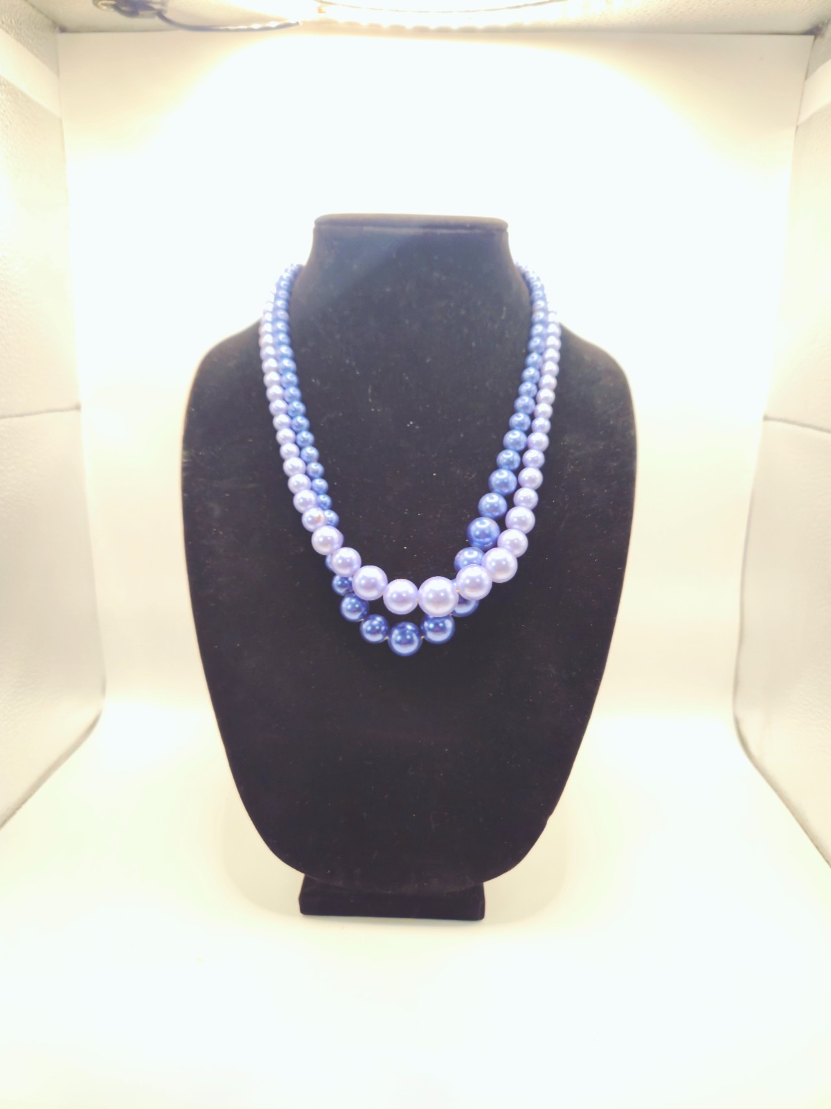 Vintage Double Strand Blue Faux Pearl Necklace Graduated Beads Hook Clasp