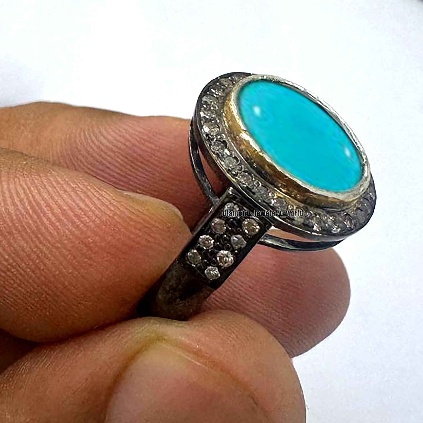 Stunning 0.93ct Rose Cut Diamond Turquoise Studded Silver Victorian Ring Jewelry