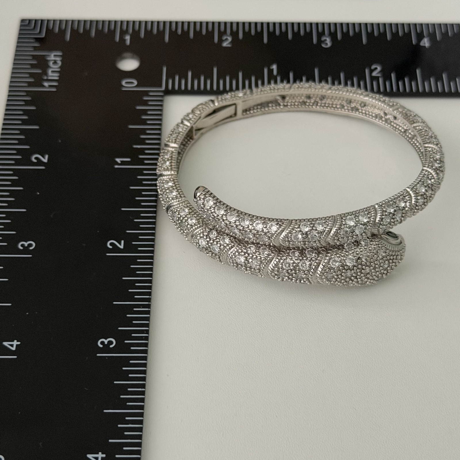 Snake Serpent Bracelet Clear CZ Green Eyed Silver Tone Sparkly Hinged Bangle
